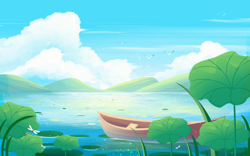 夏天蓝天白云下的湖面小船藏在荷叶风景