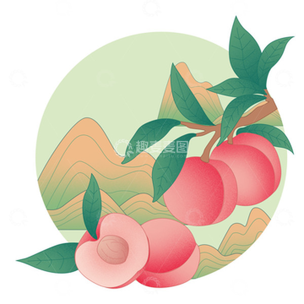 源文件下载【趣麦麦图】清新夏日手绘水蜜桃水果插画