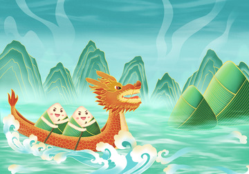 端午节龙舟粽子背景插画