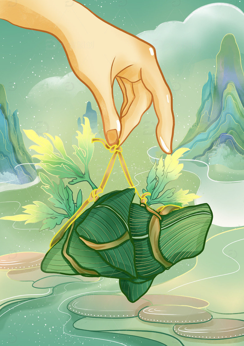 源文件下载【趣麦麦图】-端午粽子艾草粽叶场景