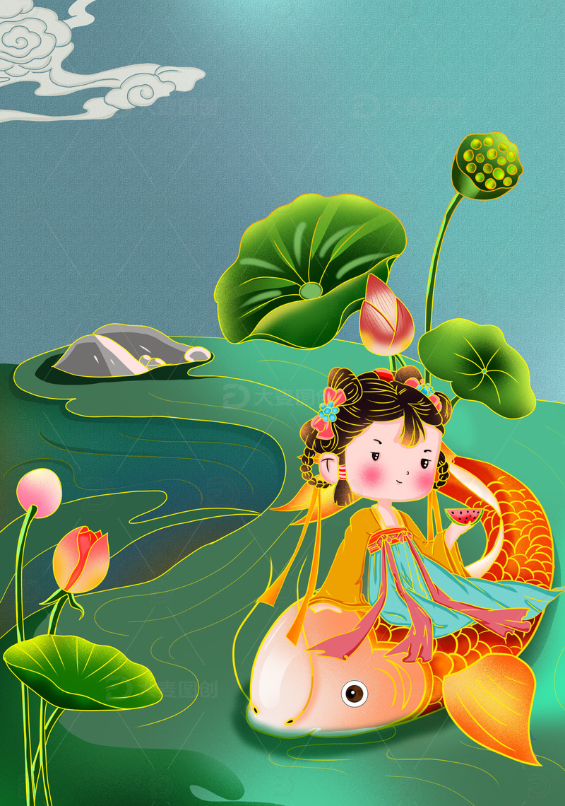 源文件下载【趣麦麦图】-手绘夏至海报背景插画