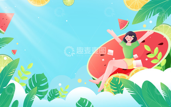 夏天坐在上西瓜的女孩蓝色宣传展板设计
