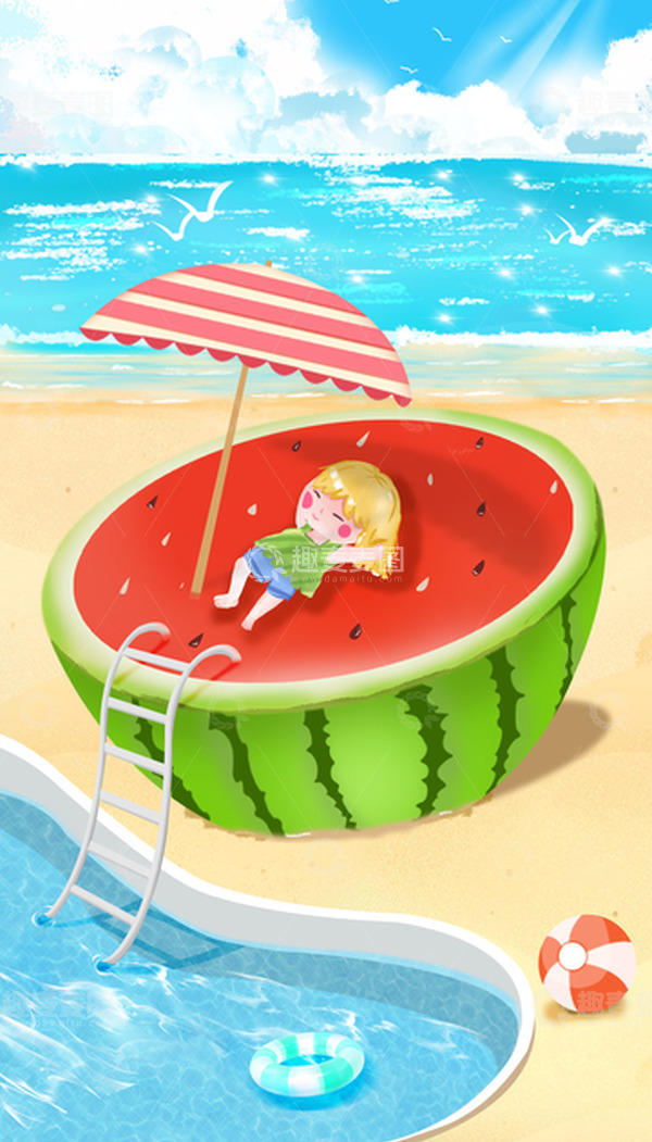 源文件下载【趣麦麦图】夏日夏天沙滩西瓜女孩泳池背景图