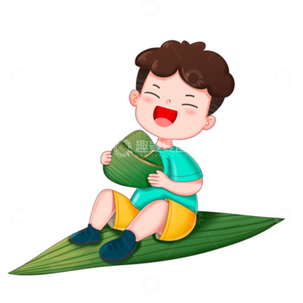 源文件下载【趣麦麦图】端午节男孩坐在粽叶上开心吃粽子元素