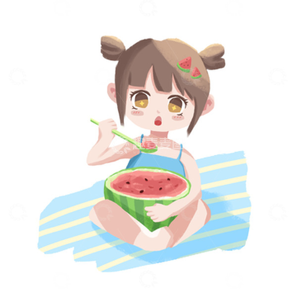 源文件下载【趣麦麦图】夏天卡通儿童吃西瓜场景元素