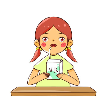 扎辫子女孩喝牛奶