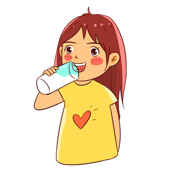 黄衣服女孩喝牛奶