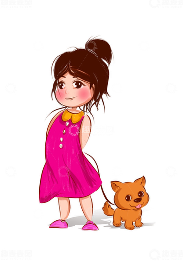 源文件下载【趣麦麦图】牵宠物小狗的小女孩