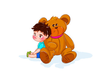 靠着玩具小熊娃娃的男孩治愈