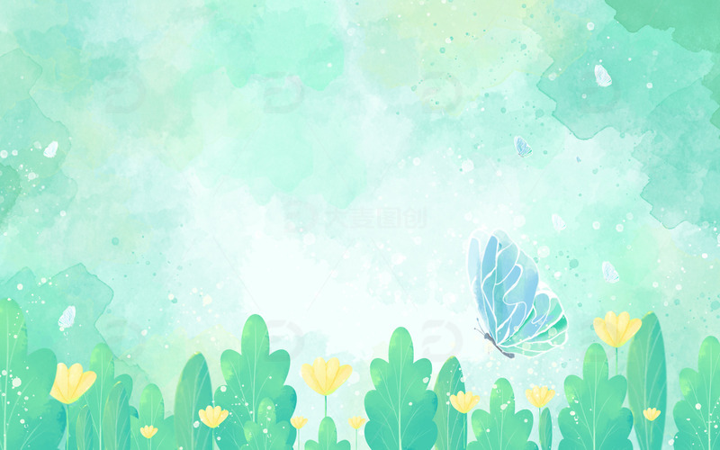 夏天清新绿色水彩简约绿色唯美水彩海报背景