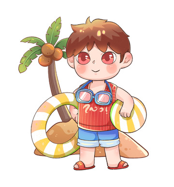 夏至沙滩游泳男孩卡通元素
