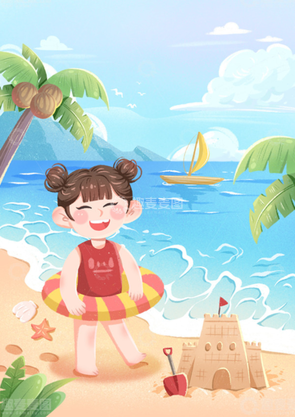 源文件下载【趣麦麦图】夏至沙滩卡通女孩海报背景