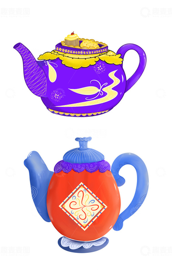 源文件下载【趣麦麦图】扁平风格创意手绘茶壶元素 亮色室内摆件