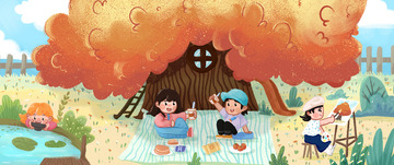 六一小孩公园玩耍野餐插画背景