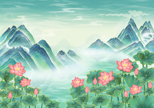 源文件下载【趣麦麦图】国潮风夏至荷花插画手绘