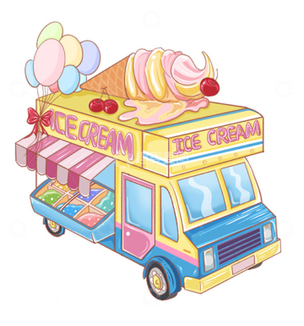 源文件下载【趣麦麦图】马卡龙色冰淇淋车场景手绘插画