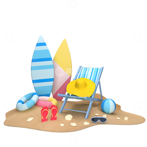 源文件下载【趣麦麦图】3D立体夏天沙滩度假冲浪板潜水镜游泳圈