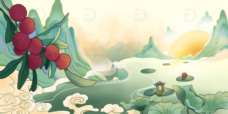 源文件下载【趣麦麦图】夏至荷塘戏水杨梅背景海报