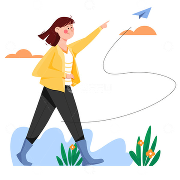 源文件下载【趣麦麦图】-扁平风指着某个方向的女孩人物插画