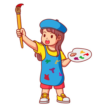 举起画笔的画画小女孩