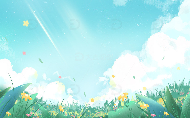 小清新手绘春天夏日蓝天草丛绿植海报背景