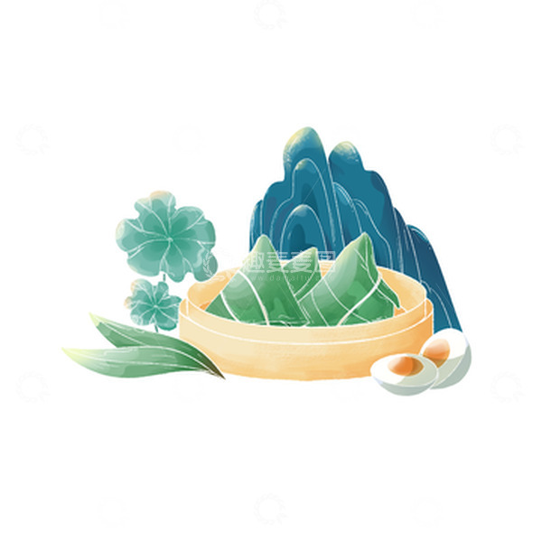 源文件下载【趣麦麦图】端午节粽子荷叶粽叶国风