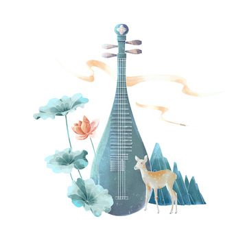 新国风琵琶乐器植物荷叶小鹿