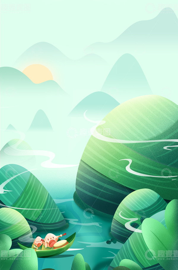源文件下载【趣麦麦图】-手绘国风绿色端午粽香海报背景