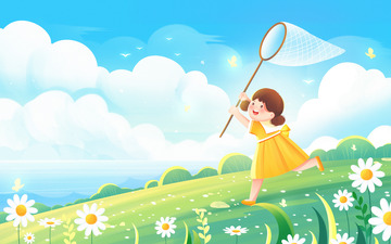 唯美治愈夏天蓝天白云草地捕蝴蝶女孩