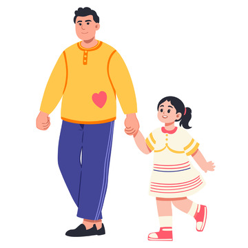 父亲节父女散步手绘