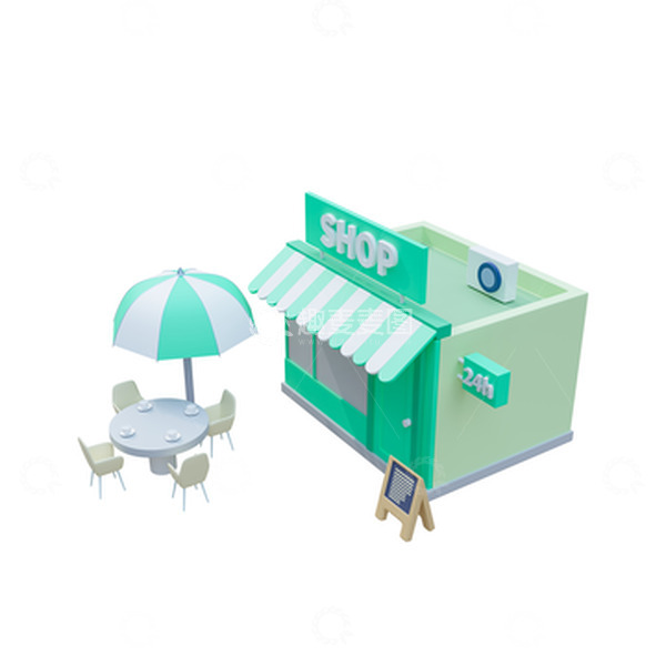 源文件下载【趣麦麦图】3D立体卡通购物小屋便利店奶茶店咖啡屋