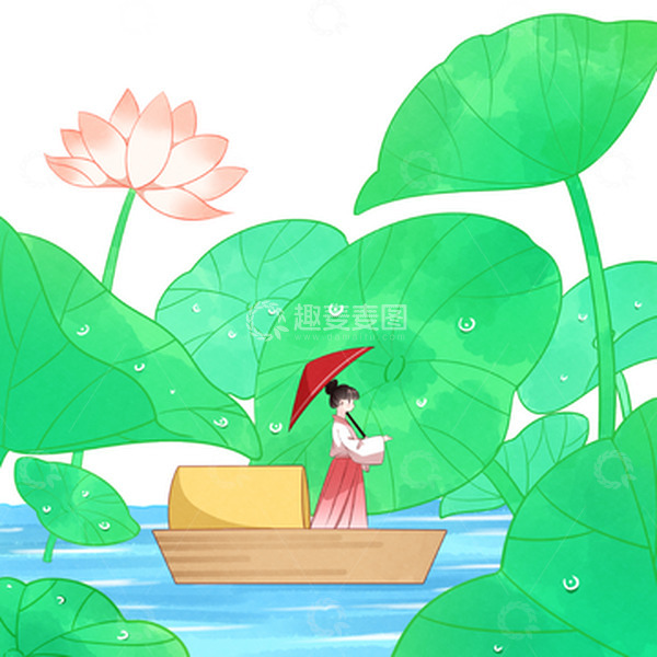 夏至荷塘划船女孩
