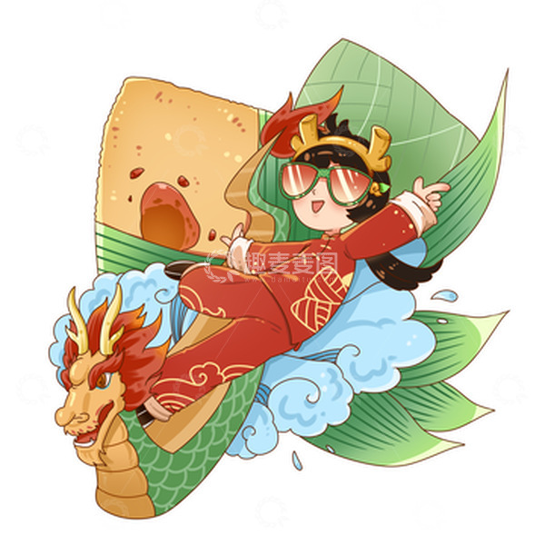 源文件下载【趣麦麦图】国潮端午划龙舟女孩粽子