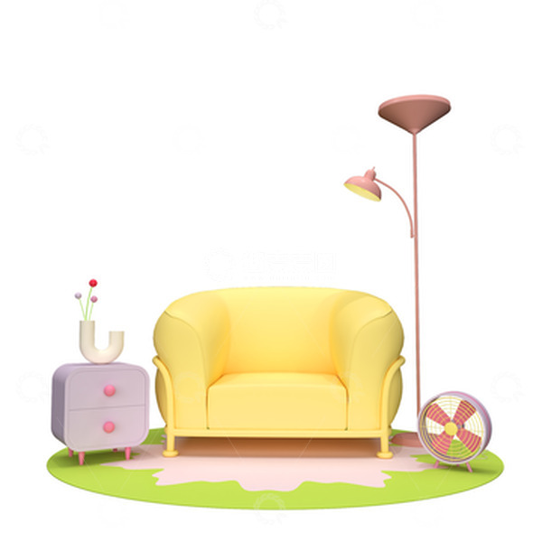 源文件下载【趣麦麦图】3D立体客厅沙发茶几落地灯电扇地毯可爱