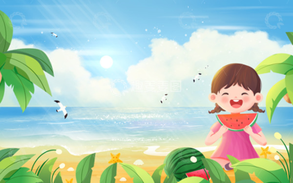 夏天海边女孩沙滩上开心吃西瓜插画背景