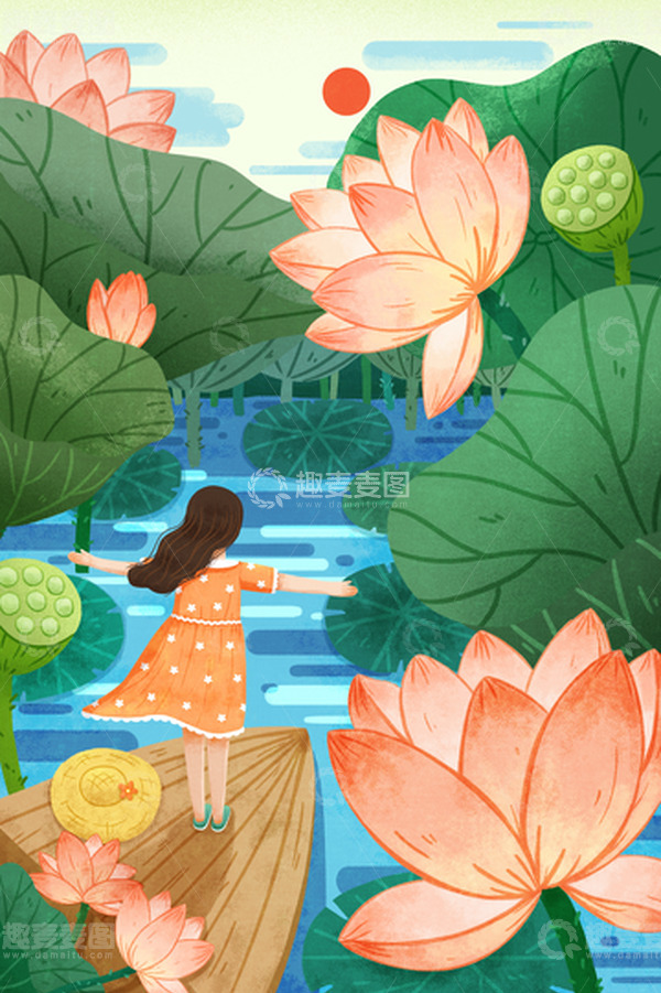 源文件下载【趣麦麦图】夏天女孩荷塘划船乘凉解暑荷花荷叶肌理插画