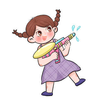 卡通 手绘女孩打水枪