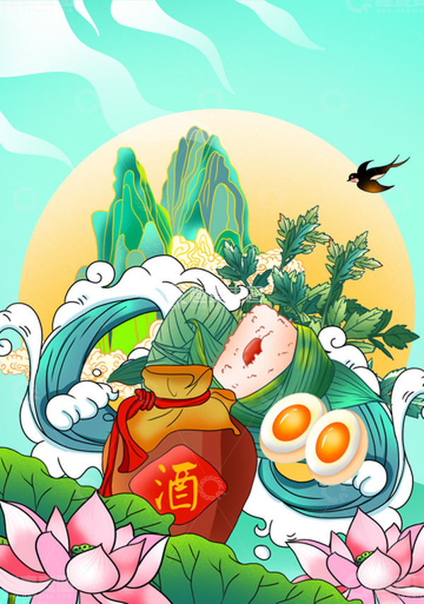 源文件下载【趣麦麦图】手绘端午海报插画背景