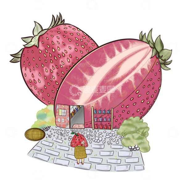 源文件下载【趣麦麦图】草莓屋饮料店 采花的草莓女孩