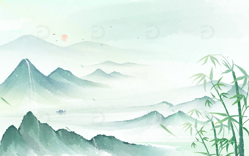 源文件下载【趣麦麦图】夏天水墨竹子古风山水绿色背景风景