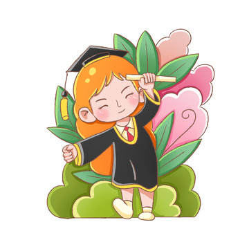 手绘卡通学士服场景插画