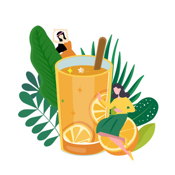 夏日女孩橙汁冷饮绿植