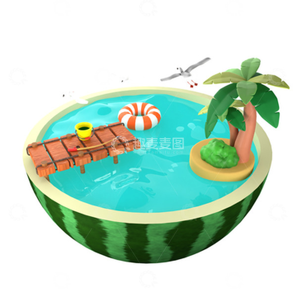 源文件下载【趣麦麦图】夏日海滩卡通3D场景小暑游泳元素
