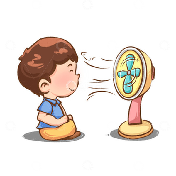 源文件下载【趣麦麦图】-夏天清凉可爱小孩吹电扇降温手绘元素