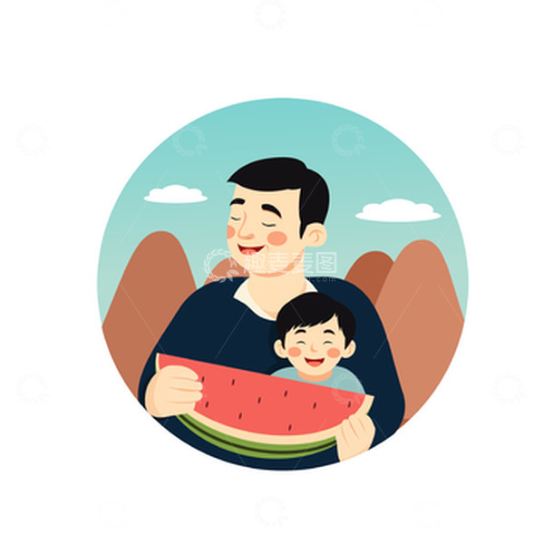 源文件下载【趣麦麦图】父亲节爸爸小男孩夏天吃西瓜父爱如山