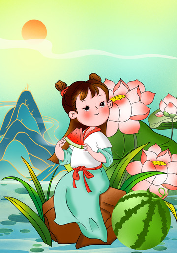 手绘夏天夏至小暑海报背景插画