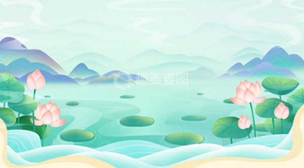 源文件下载【趣麦麦图】手绘国潮水墨山水意境荷塘底部装饰海报展板夏至小暑大暑海报