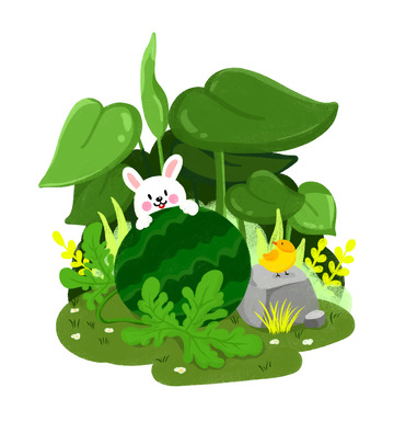 小暑夏季兔子西瓜小鸟绿色植物元素