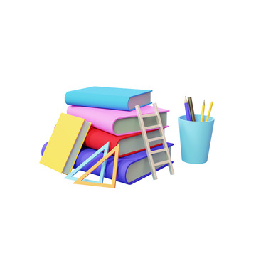3D立体文具书本图书笔筒书桌学习元素