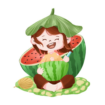 小暑避暑人物吃西瓜素材